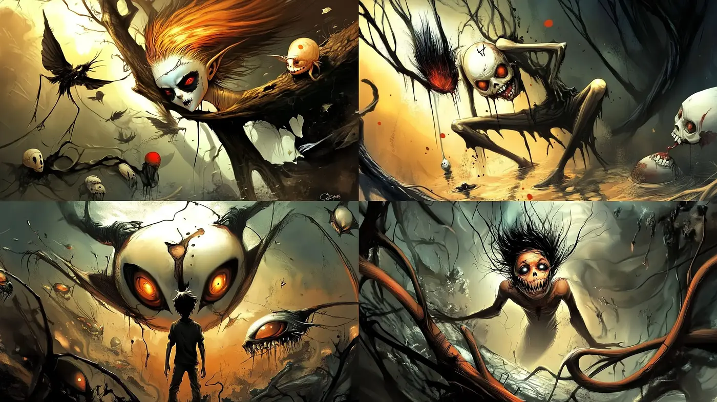 Eerie Twilight: Surreal Horror in a Whimsical Nightmare - Midjourney sref style