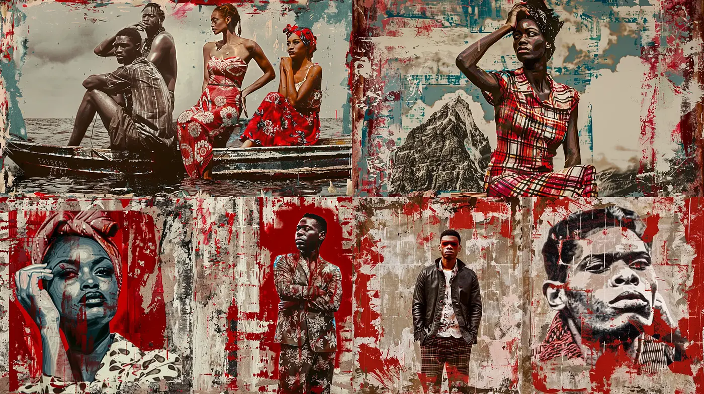 Distressed Urban Collage with a Rustic Red Patina - Midjourney sref style