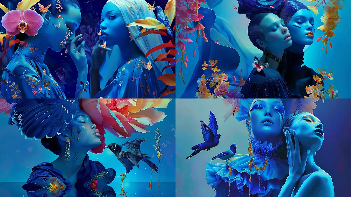 Ethereal Blue Dreamscape with Surreal Florals and Fauna - Midjourney sref style