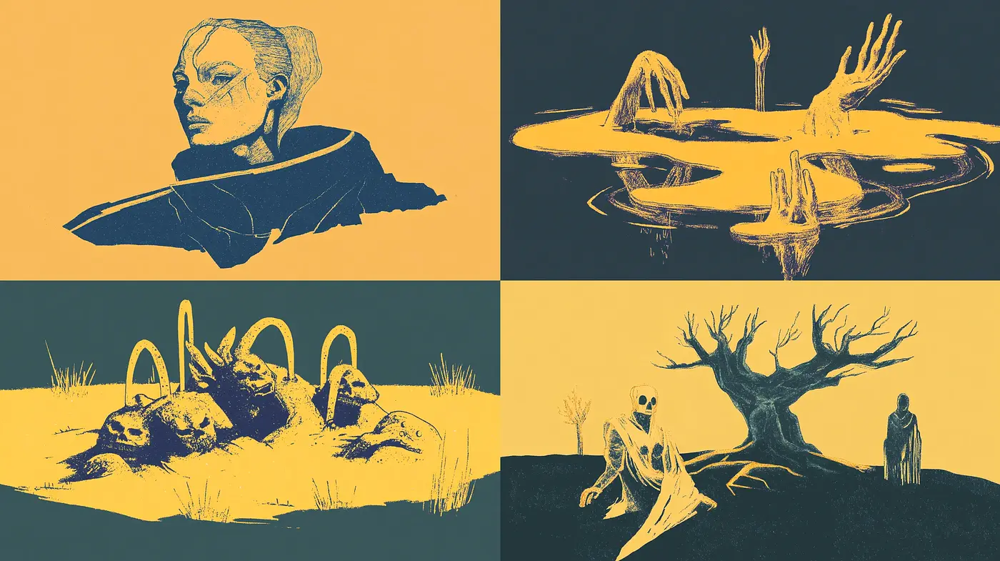 Unified Eerie Golden Hues and Bold Outlines Depicting Surreal Landscapes - Midjourney sref style