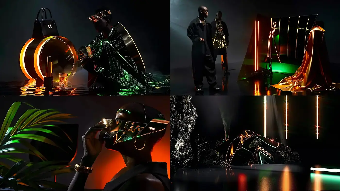 Futuristic and Abstract Fashion with Neon Elements and High Contrast Textures - Midjourney sref style