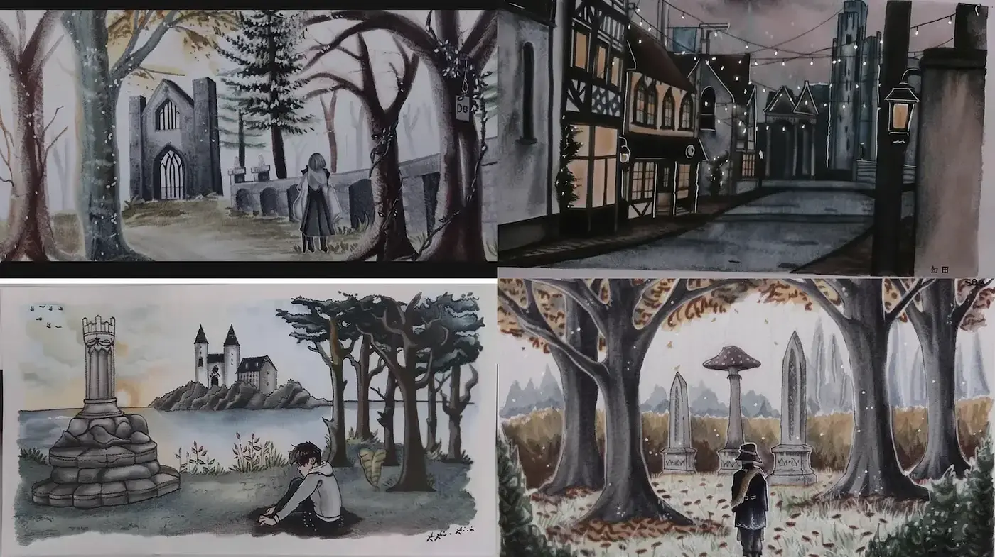Melancholic Dusk: A Watercolor Blend of Serene Townships and Mystical Landscapes - Midjourney sref style