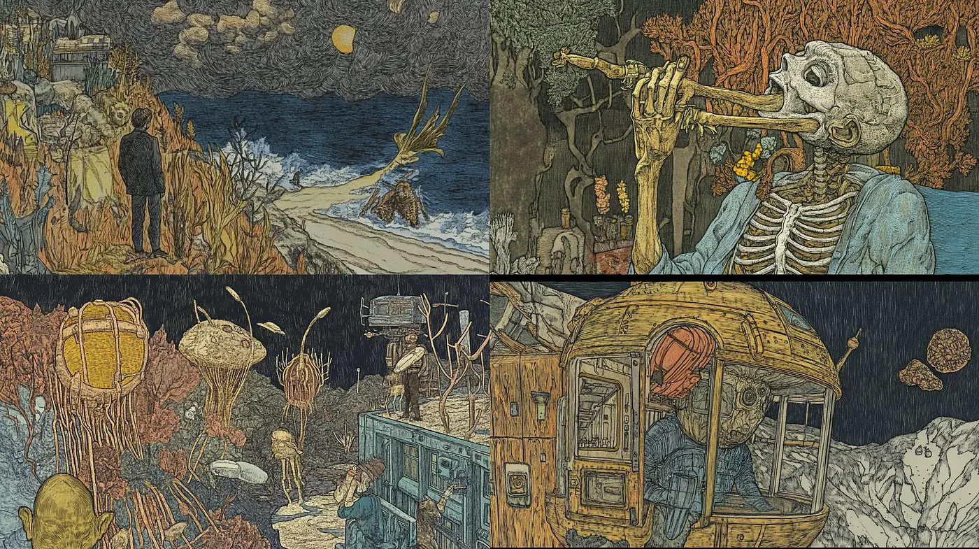 Eerie Twilight Dreamscape in Stippled Ink - Midjourney sref style