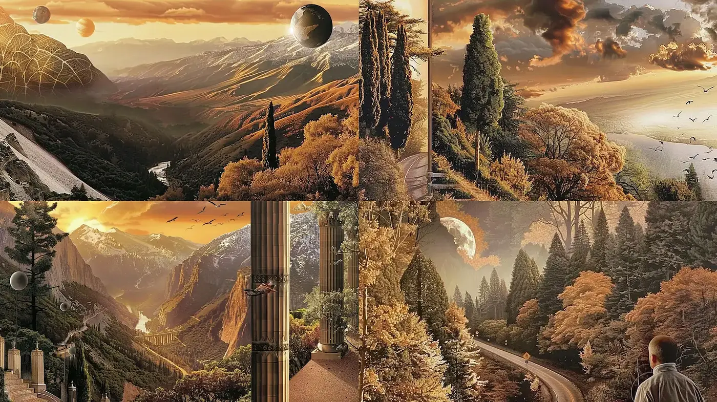 Serene Landscapes with Mystical Elements and Warm Tones - Midjourney sref style