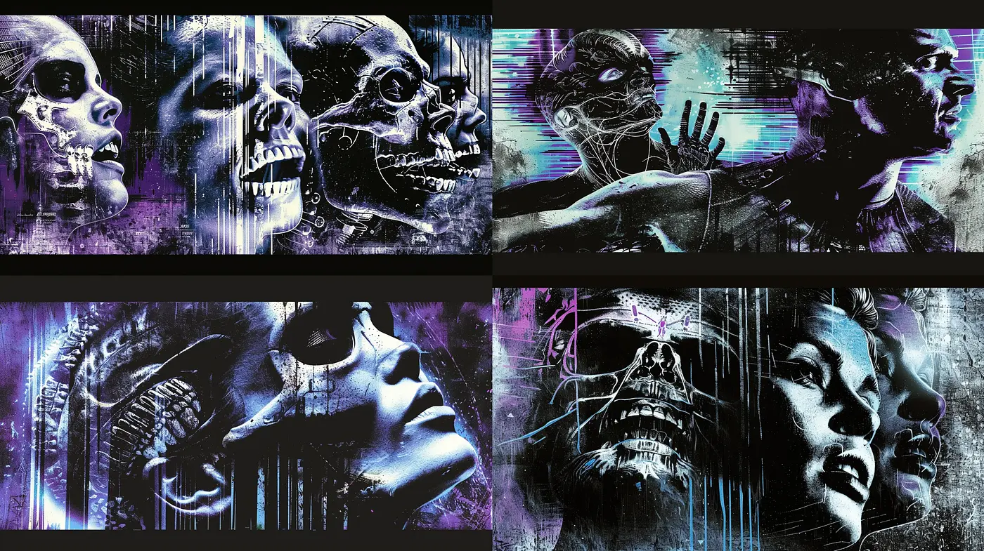 Cyberpunk Glitch Art Fusion with a Haunting Surreal Atmosphere - Midjourney sref style