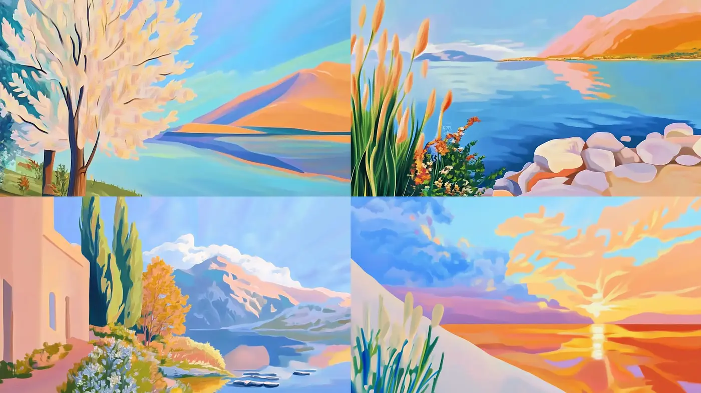 Serene Pastel Landscapes with Impressionistic Overtones - Midjourney sref style