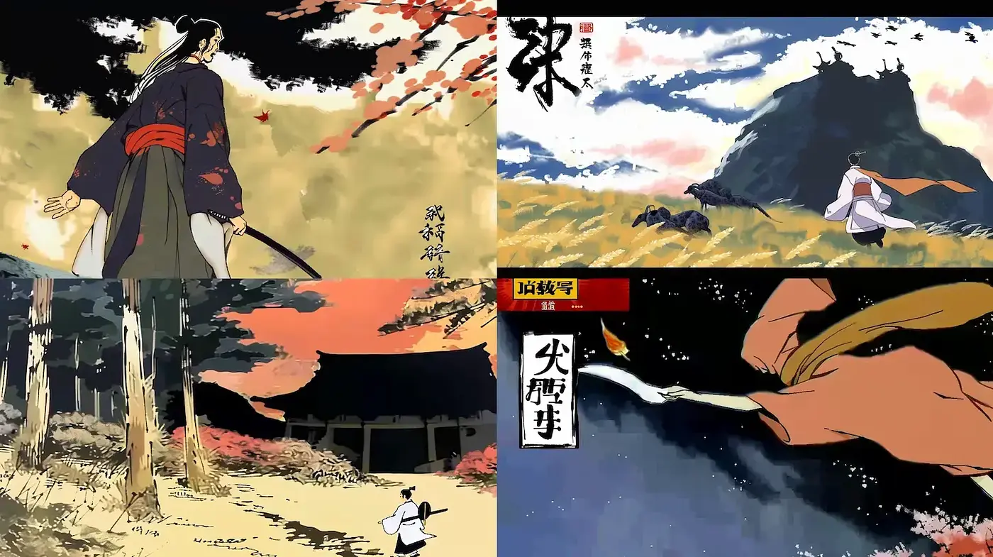 Samurai Era Ink Wash Animation Fusion - Midjourney sref style