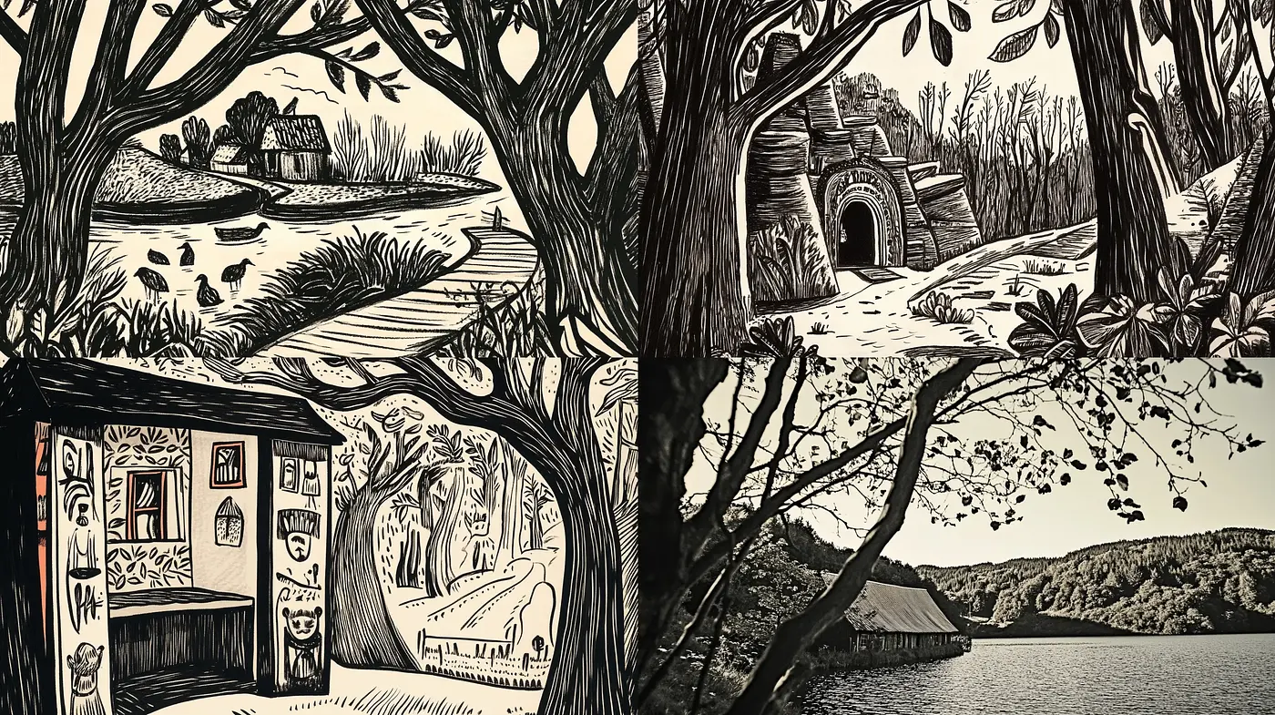 Monochromatic Woodcut Pastoral Scenes - Midjourney sref style