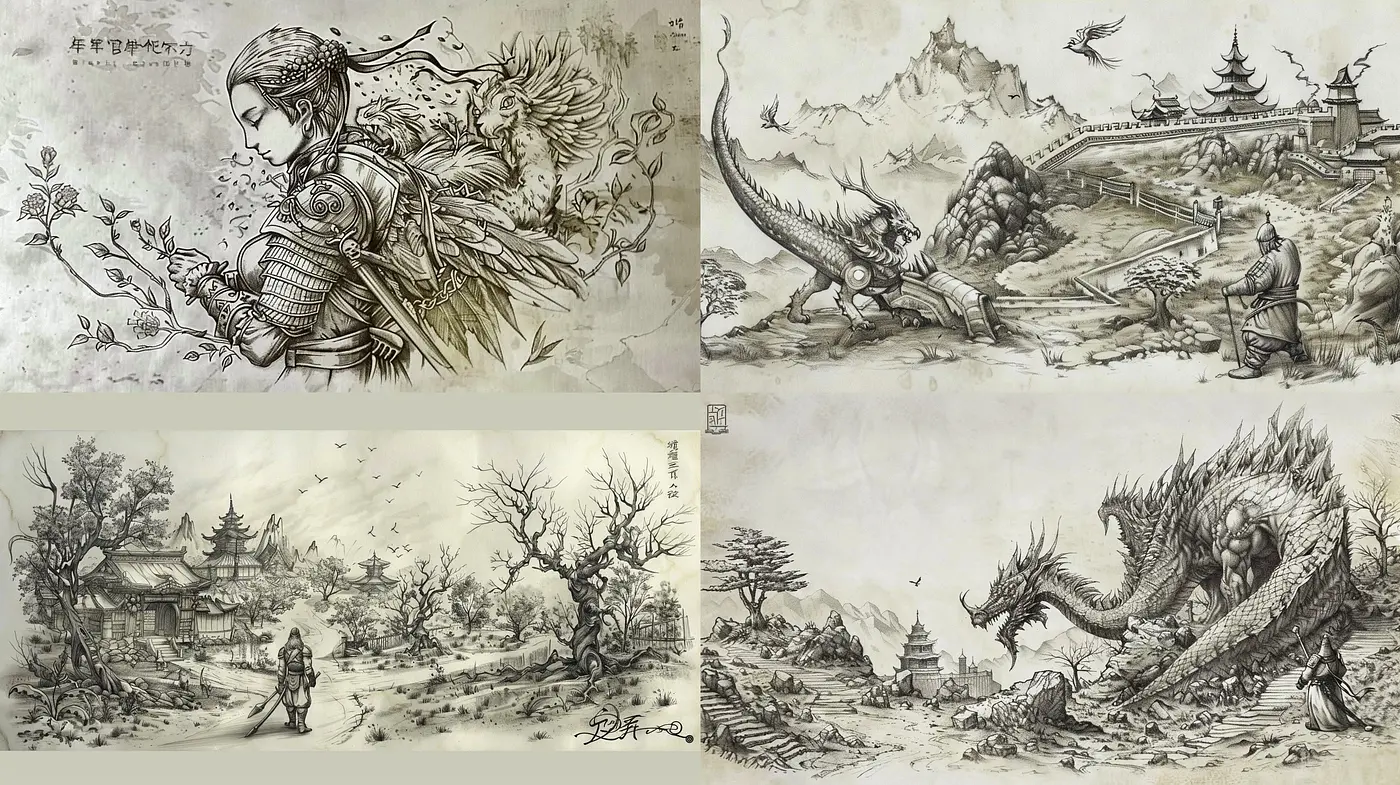 Monochrome Mythos: Harmonized Inkwork Fusion - Midjourney sref style