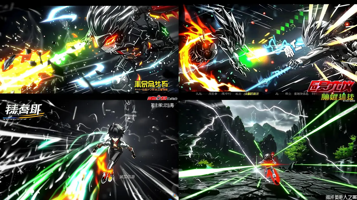 High-Contrast Anime-Inspired Dynamic Battlescape - Midjourney sref style
