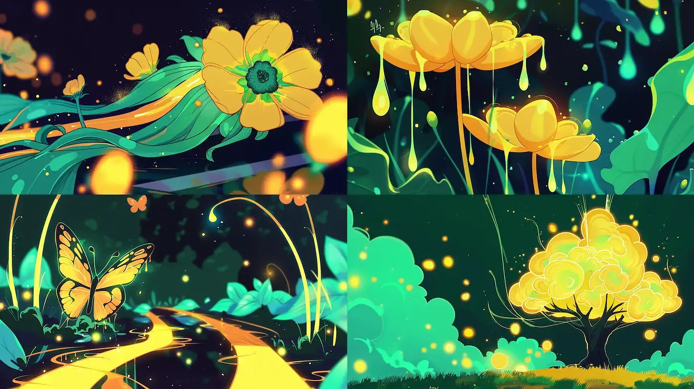 Whimsical and Vibrant Nature Scenes with Dreamlike Elements - Midjourney sref style