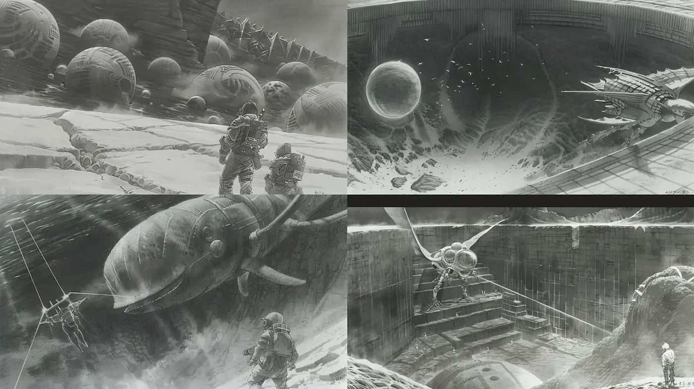 Futuristic Monochrome Landscapes with a Touch of Surrealism - Midjourney sref style