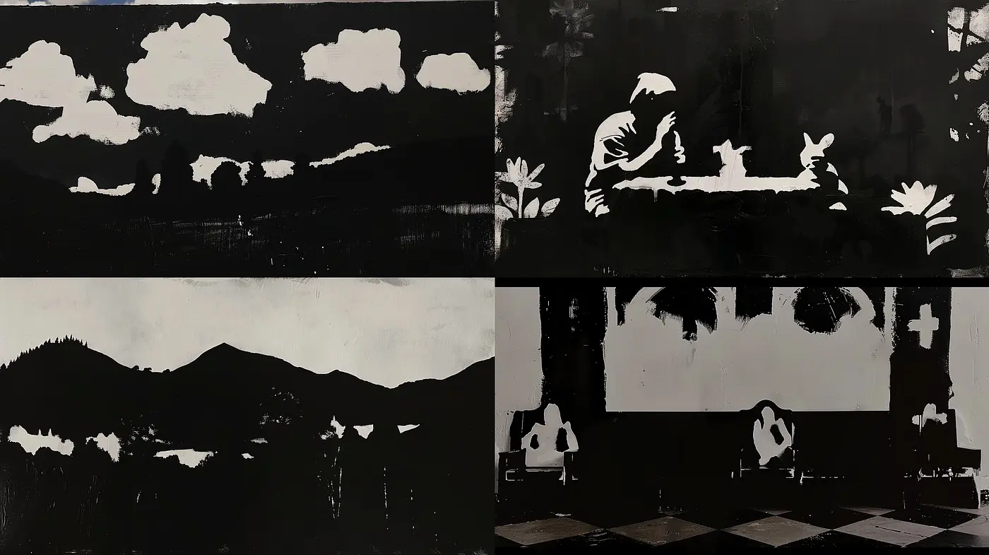 Monochromatic Contours and Silhouettes: A Study in Black and White Shades - Midjourney sref style