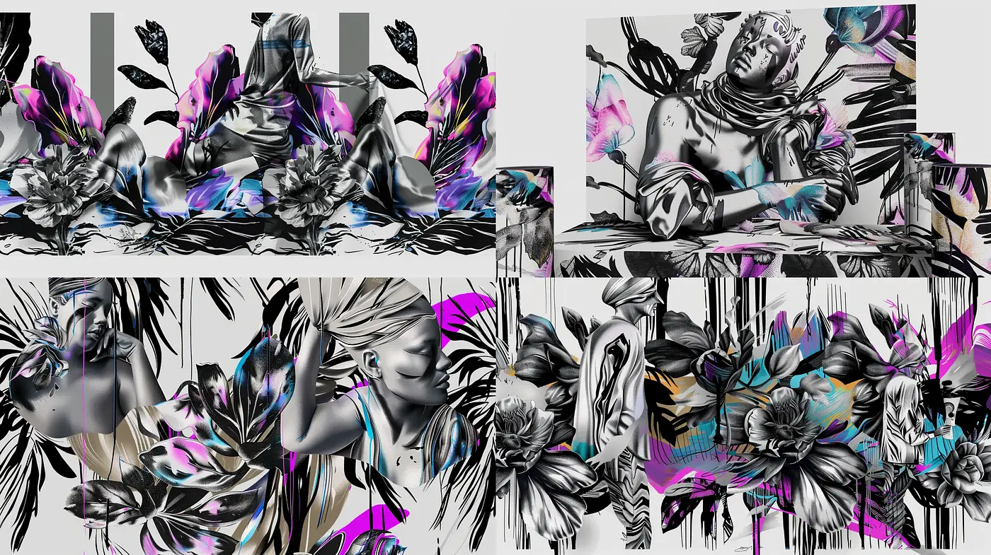 Monochromatic Elegance with Surreal Floral Overtones - Midjourney sref style