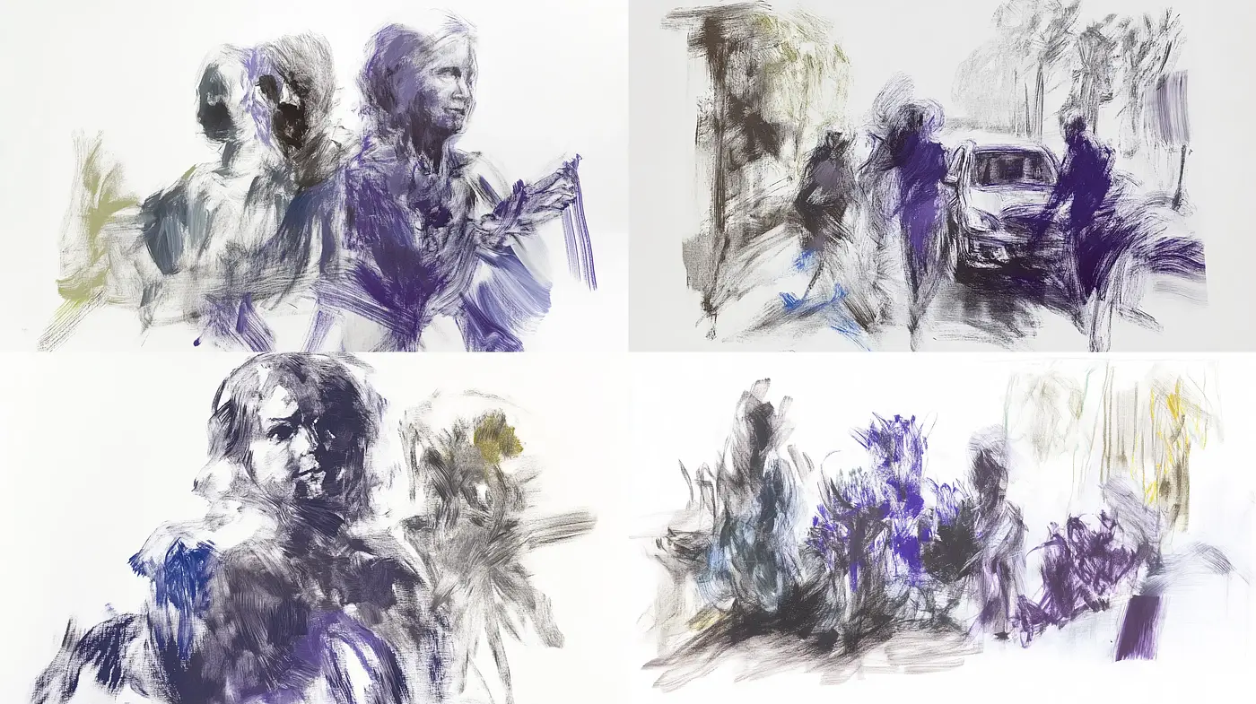 Dynamic Sketchbook Impressions in Purple and Charcoal - Midjourney sref style