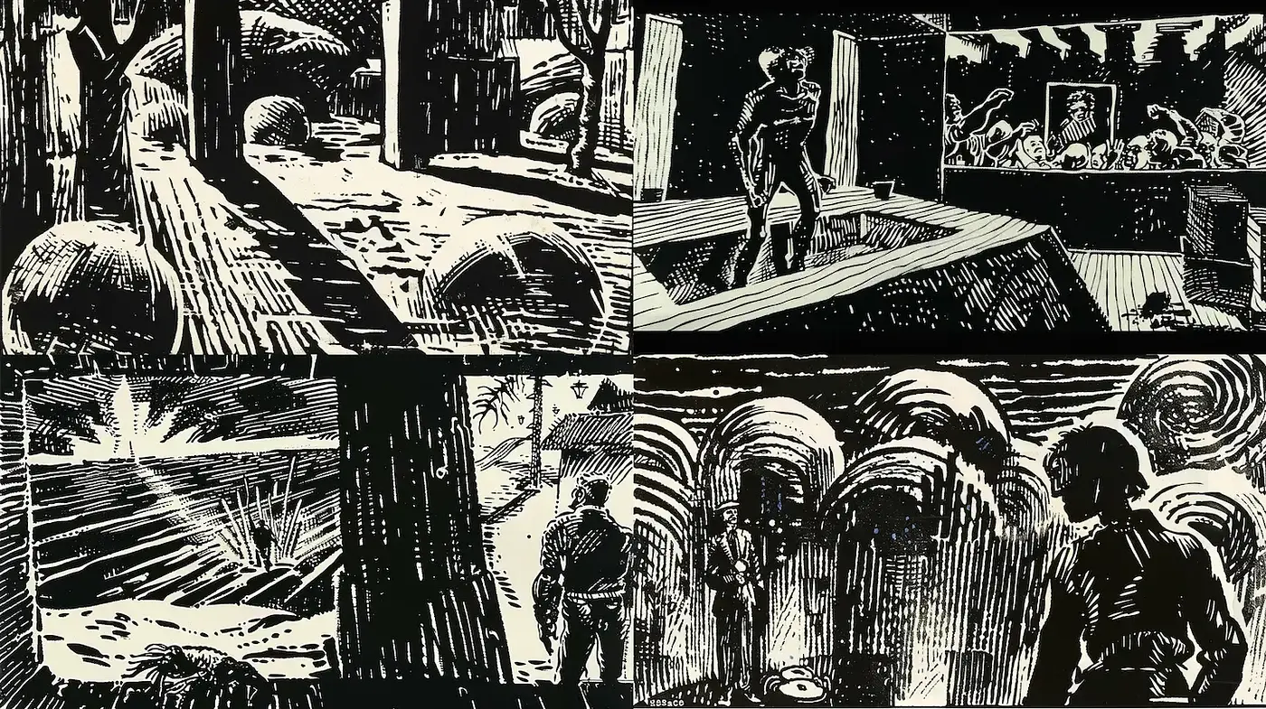 Monochromatic Linework Visions with Expressionist Undercurrents - Midjourney sref style