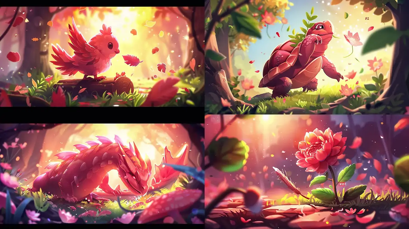 Whimsical Botanical Fantasy with Vivid Colors and Playful Creatures - Midjourney sref style