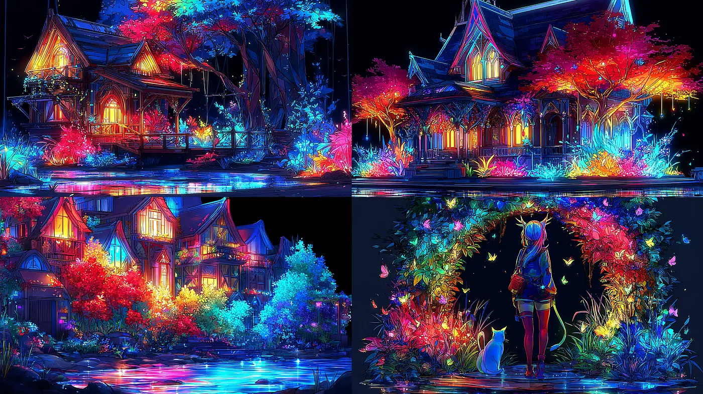 Vivid and Enchanting Nightscapes with a Whimsical Charm - Midjourney sref style