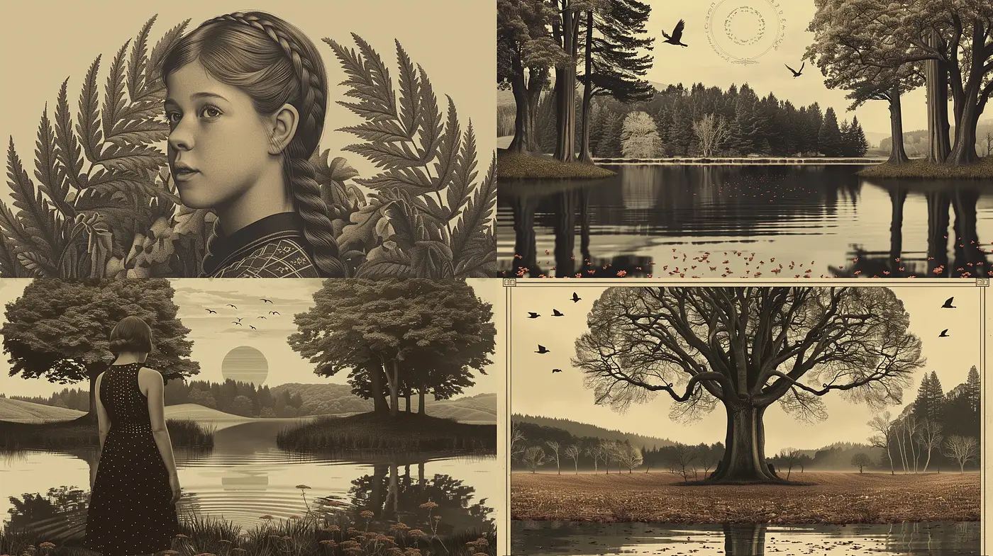 Sepia-Toned Pastoral Elegance with Surrealist Undertones - Midjourney sref style