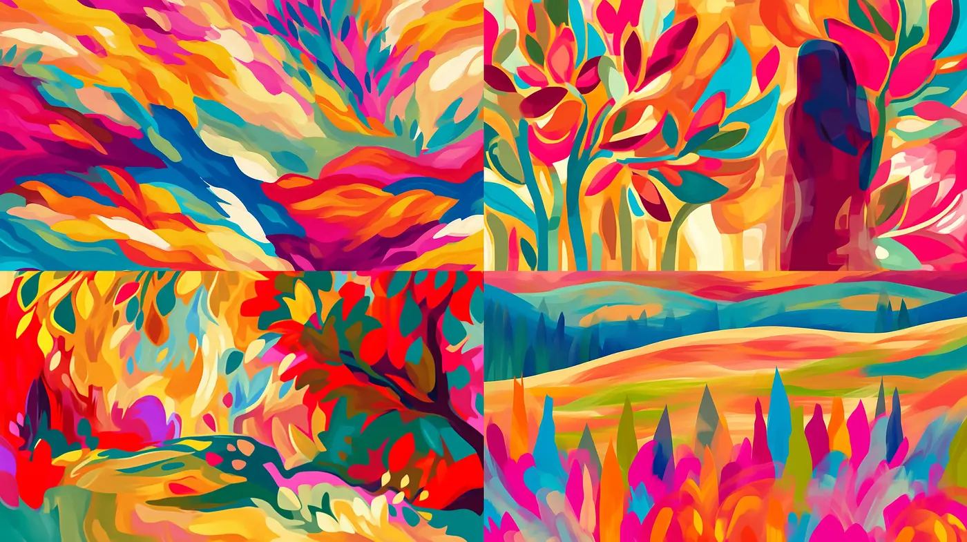 Spectrum of Vivacious Brushstrokes: A Harmonious Collision between Abstract Expressionism and Fauvist Vibrance - Midjourney sref style