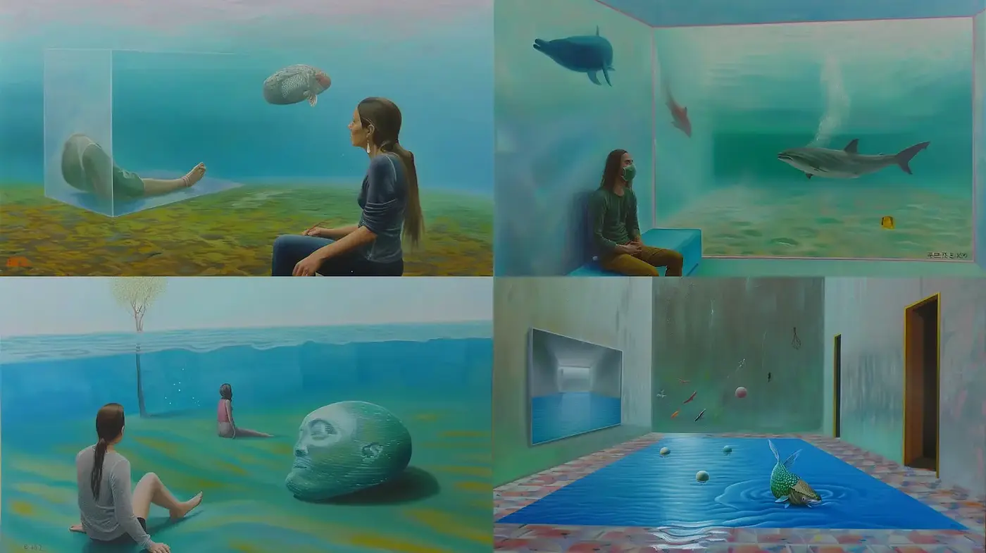 Surreal underwater contemplations with dreamlike reflections - Midjourney sref style