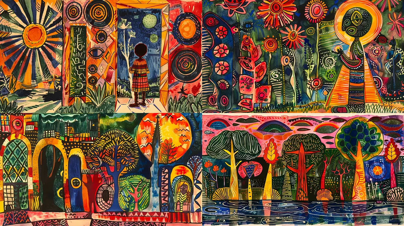 Expansive Expression of Vivid Dreamscape Through Abstract Primitivism - Midjourney sref style