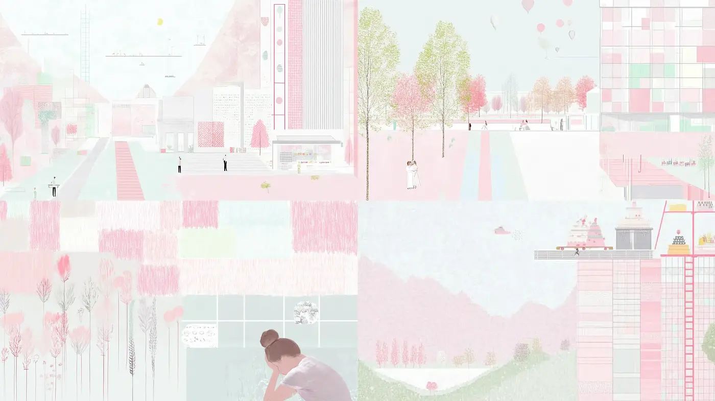 Pastel Serenity in Simplified Urban Dreamscape - Midjourney sref style