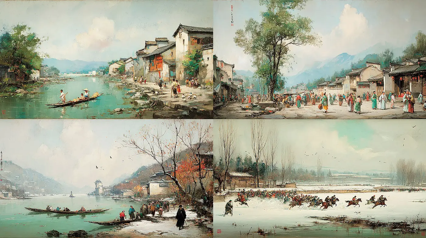 Serene and Lively Depictions of Traditional Life in Various Landscapes - Midjourney sref style