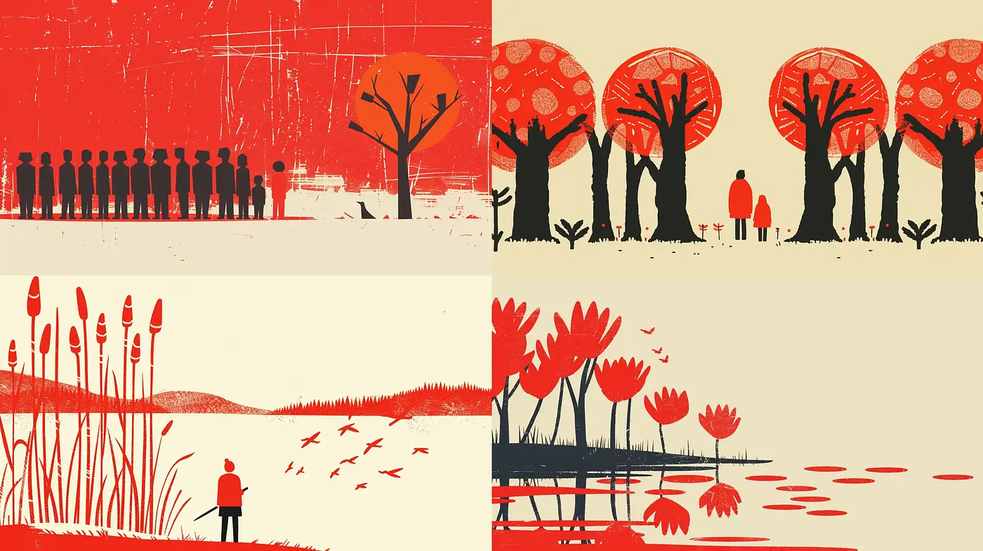 Stylized Red and Cream Tableaus with Sparse Silhouettes - Midjourney sref style