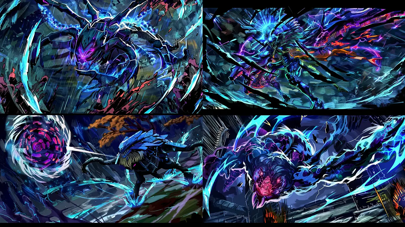 Electric Dreamscape: A Fusion of Luminescent Cyberbrush Strokes - Midjourney sref style