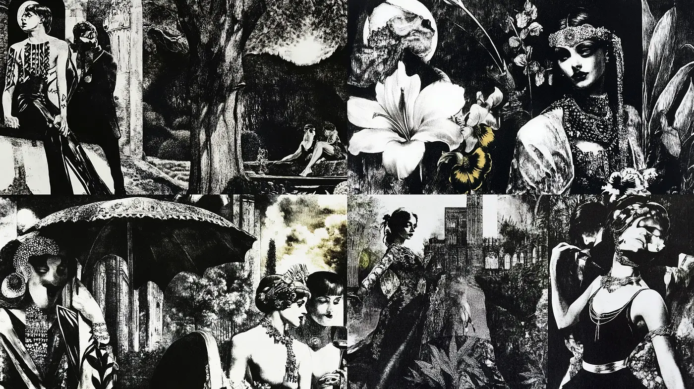 Monochromatic Tapestry of Vintage Elegance and Enigma - Midjourney sref style