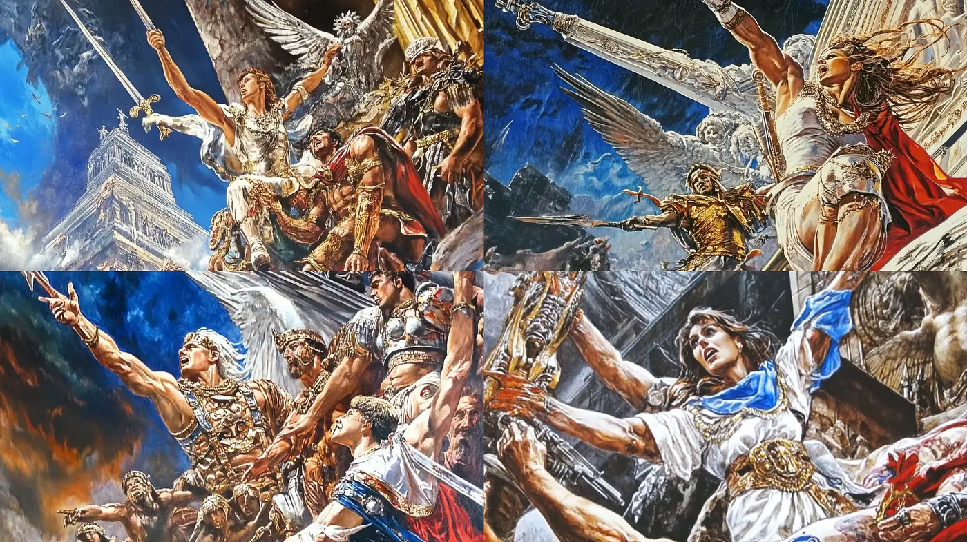 Epic Celestial Battle Rendered in Classic High-Drama Artistic Style - Midjourney sref style