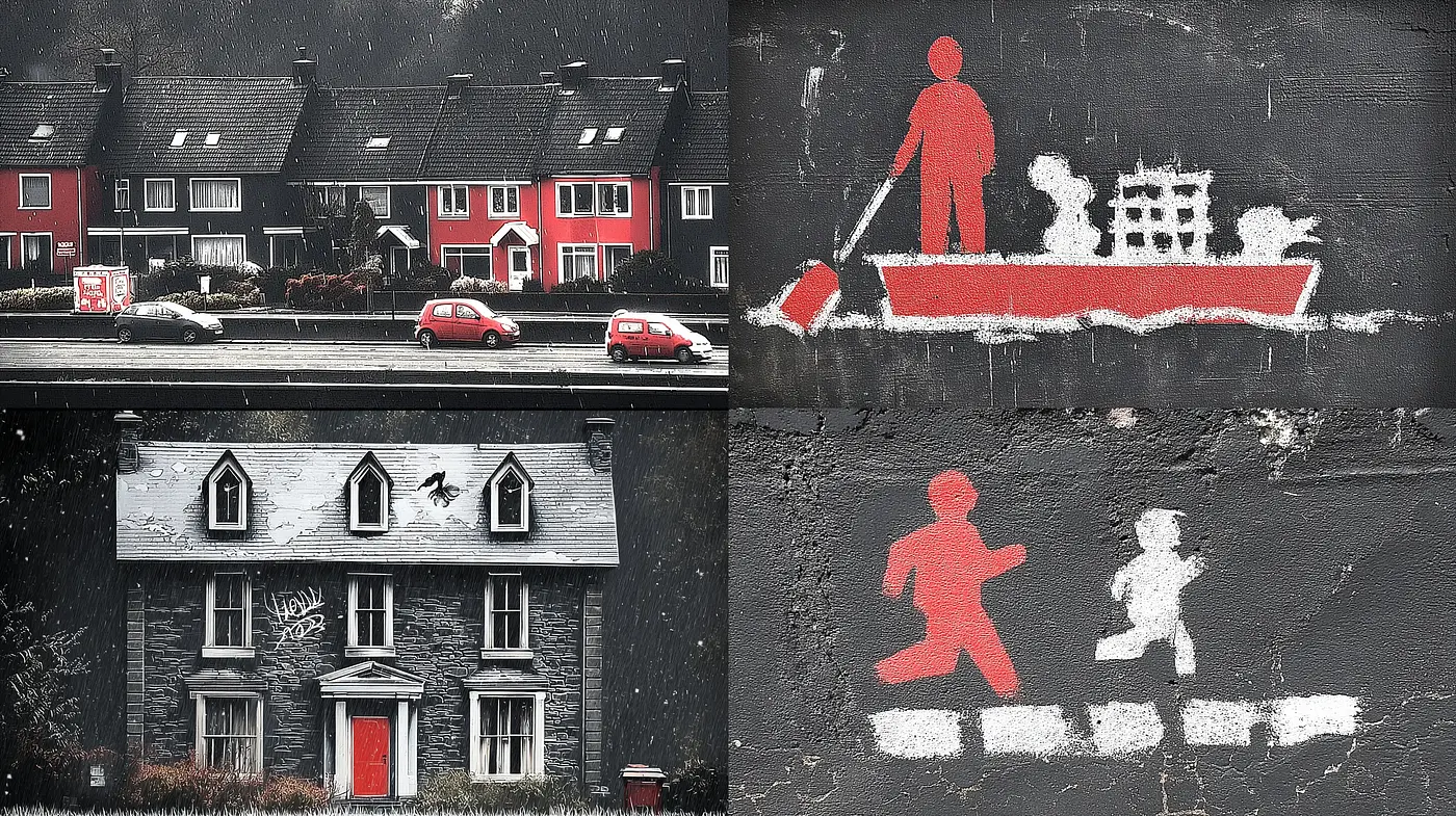 Eerie urban landscapes juxtaposed with stark symbolism featuring a monochromatic color scheme - Midjourney sref style
