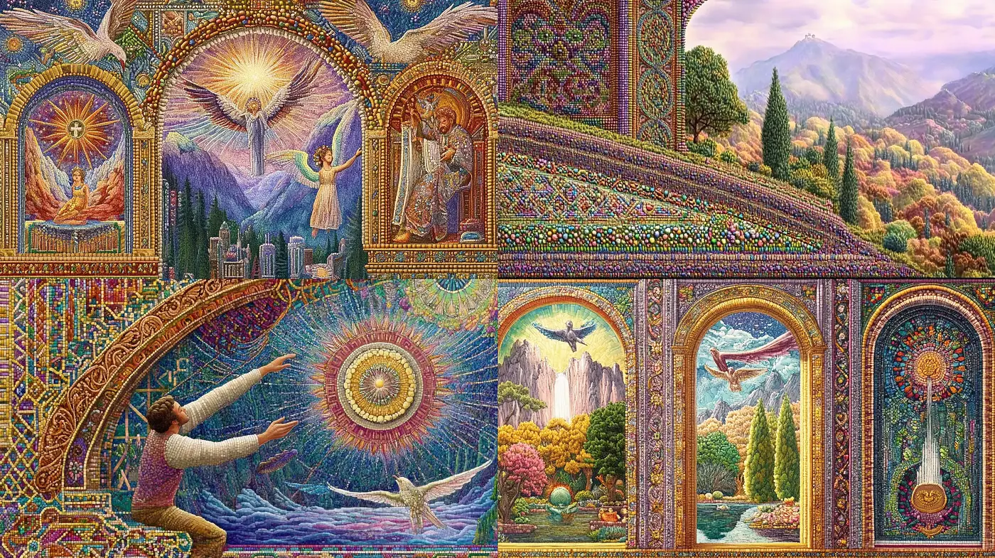 Mosaic of Dreamscapes: A Tapestry of Nature and Myth - Midjourney sref style