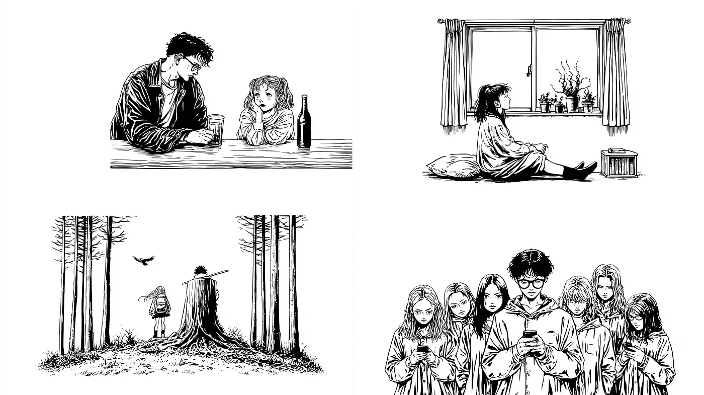 Emotive and monochrome narrative style evoking introspection and depth - Midjourney sref style