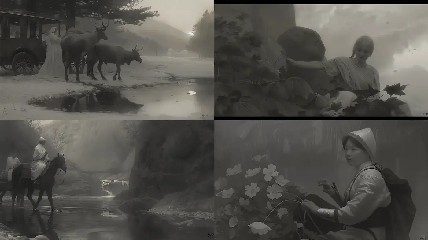Monochromatic Landscapes with Flowing Natural Elements - Midjourney sref style