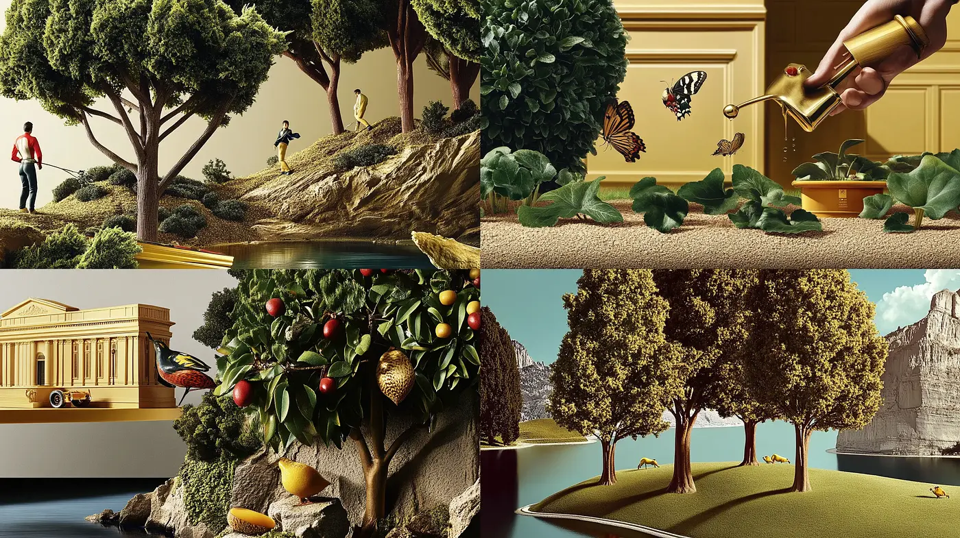 Idyllic Serenity: A Harmonious Blend of Surrealism and Pastoral Symmetry - Midjourney sref style