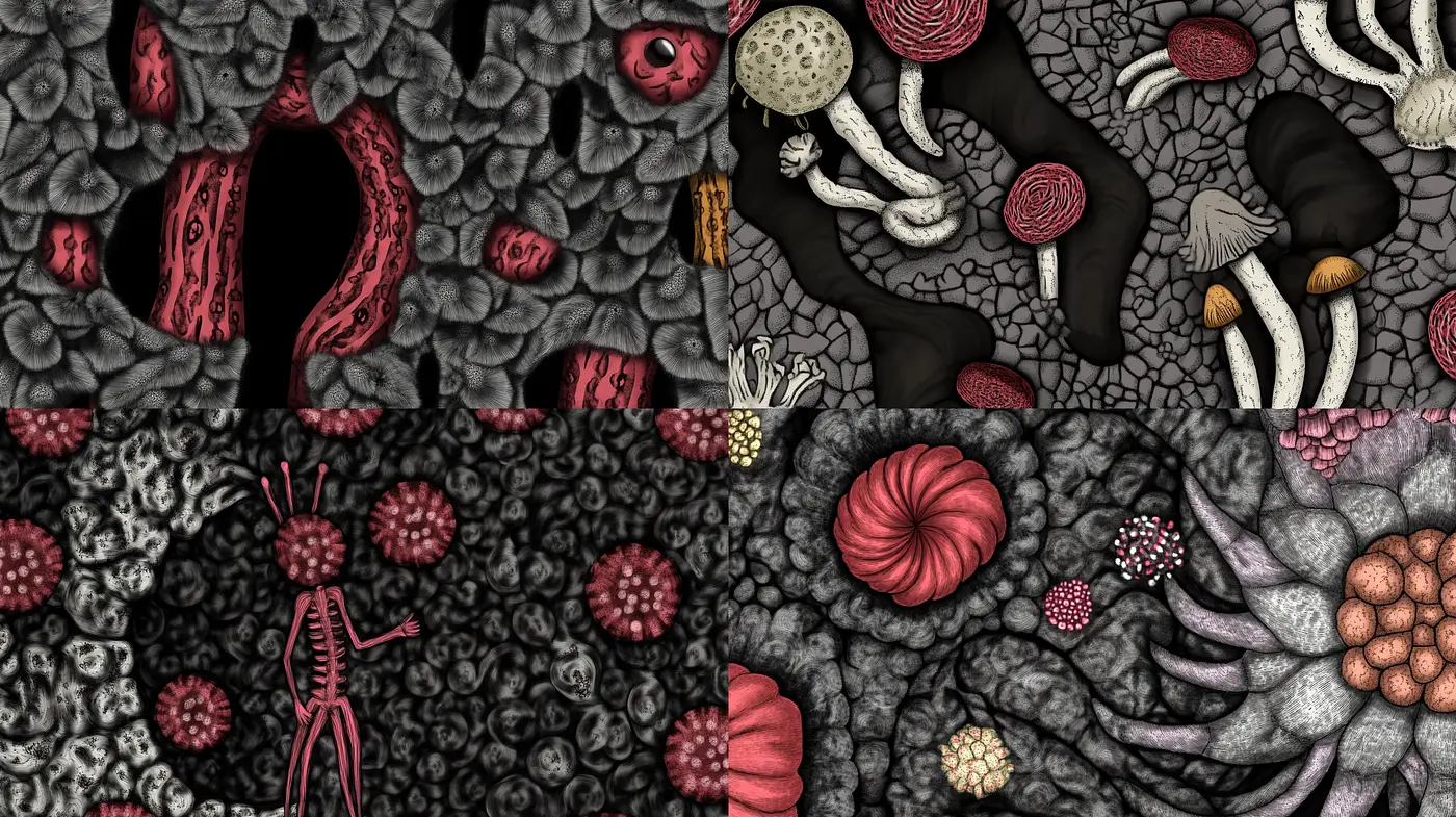 Textured Nocturnal Dreamscape of Organic Forms - Midjourney sref style