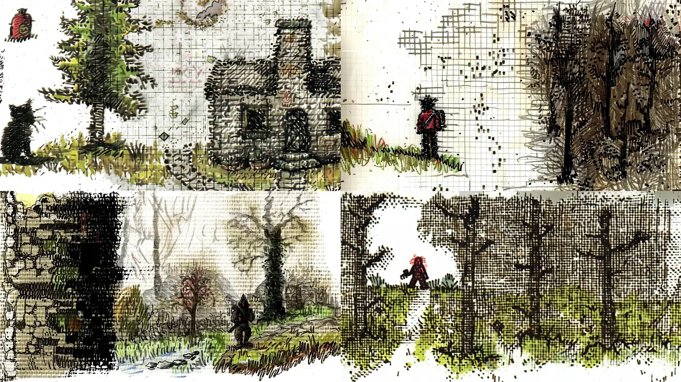 Textured Crosshatch and Ink Wash Landscape Mosaic - Midjourney sref style