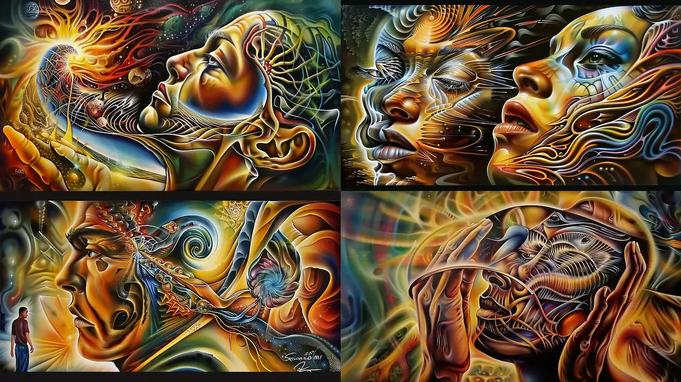 Vibrant, surrealistic human expressions interwoven with cosmic elements - Midjourney sref style