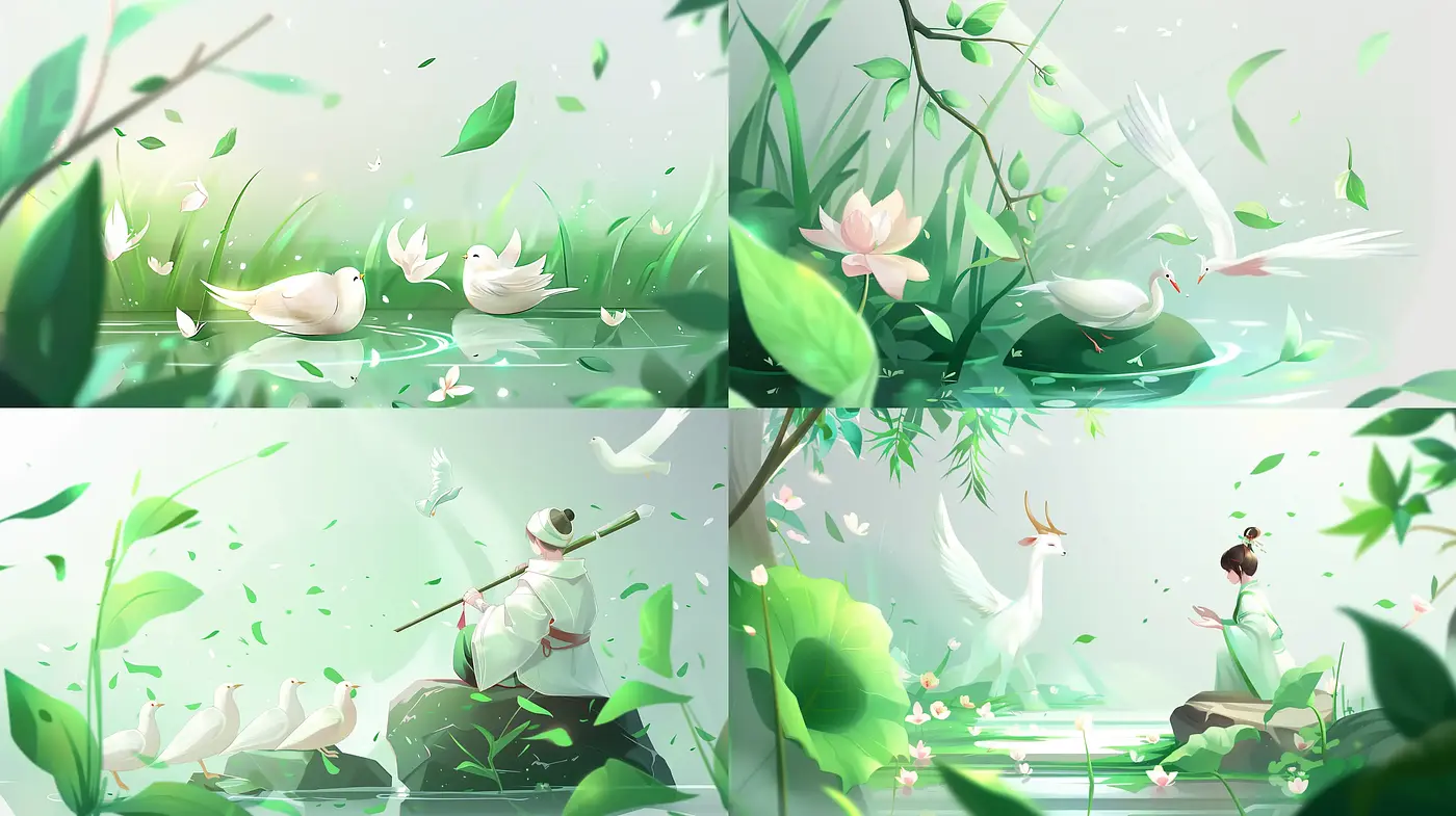 Serene Greenery Infused Whimsy: Ethereal Lightness Meets Dreamlike Nature - Midjourney sref style
