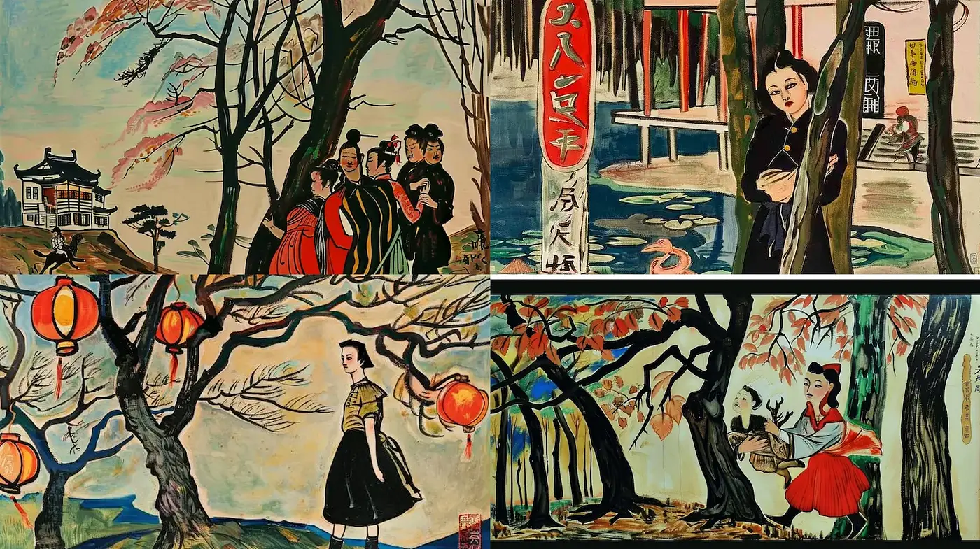 Vibrant Folk Art with Traditional Asian Influence and Playful Interactions - Midjourney sref style