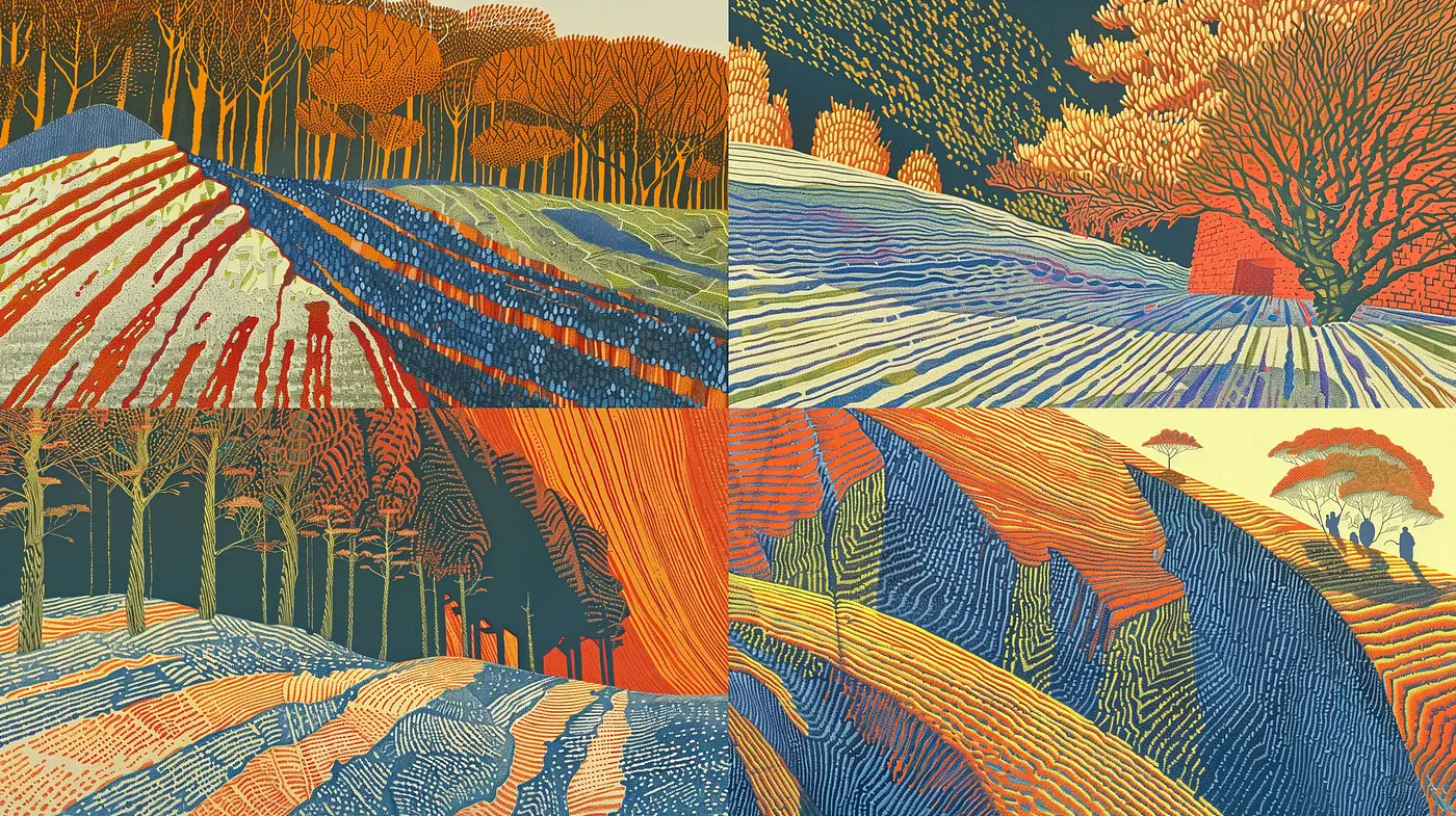 Vibrant Textured Tapestry of Pastoral Scenes - Midjourney sref style