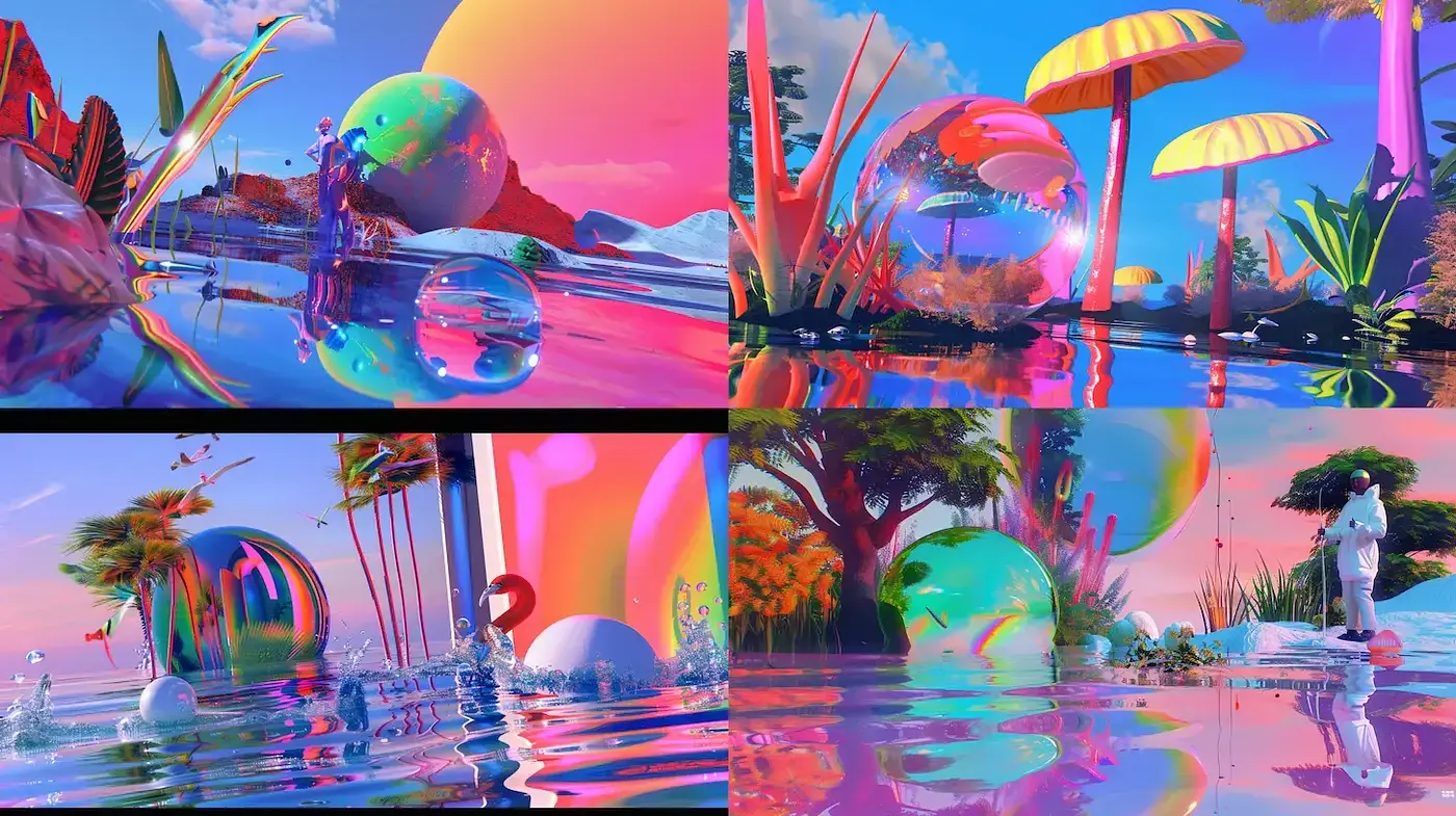 Vibrant surreal landscapes with playful motifs and ethereal reflections - Midjourney sref style