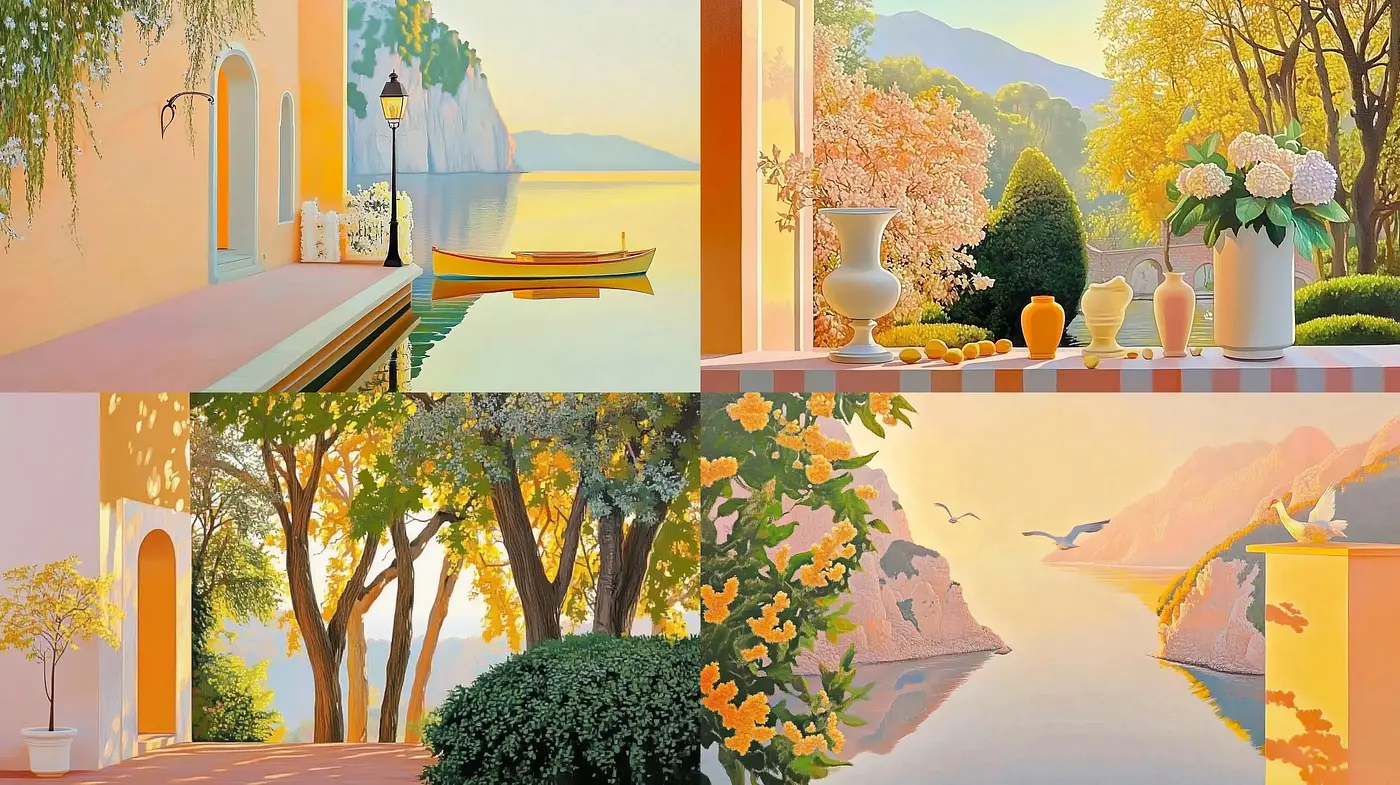Serene Pastel Lakeside Vistas in a Harmonious Blend of Natural and Architectural Elements - Midjourney sref style