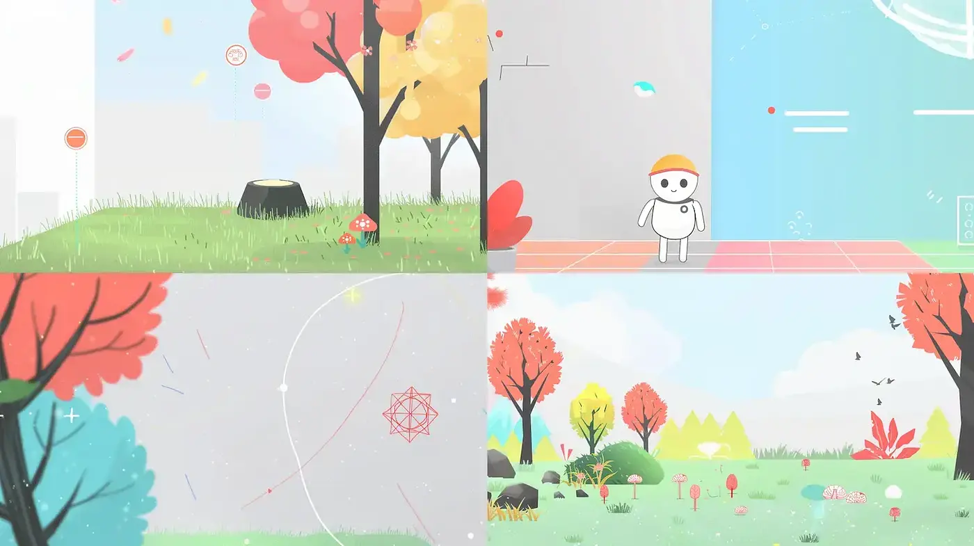 Vibrant, minimalistic landscapes with whimsical elements - Midjourney sref style