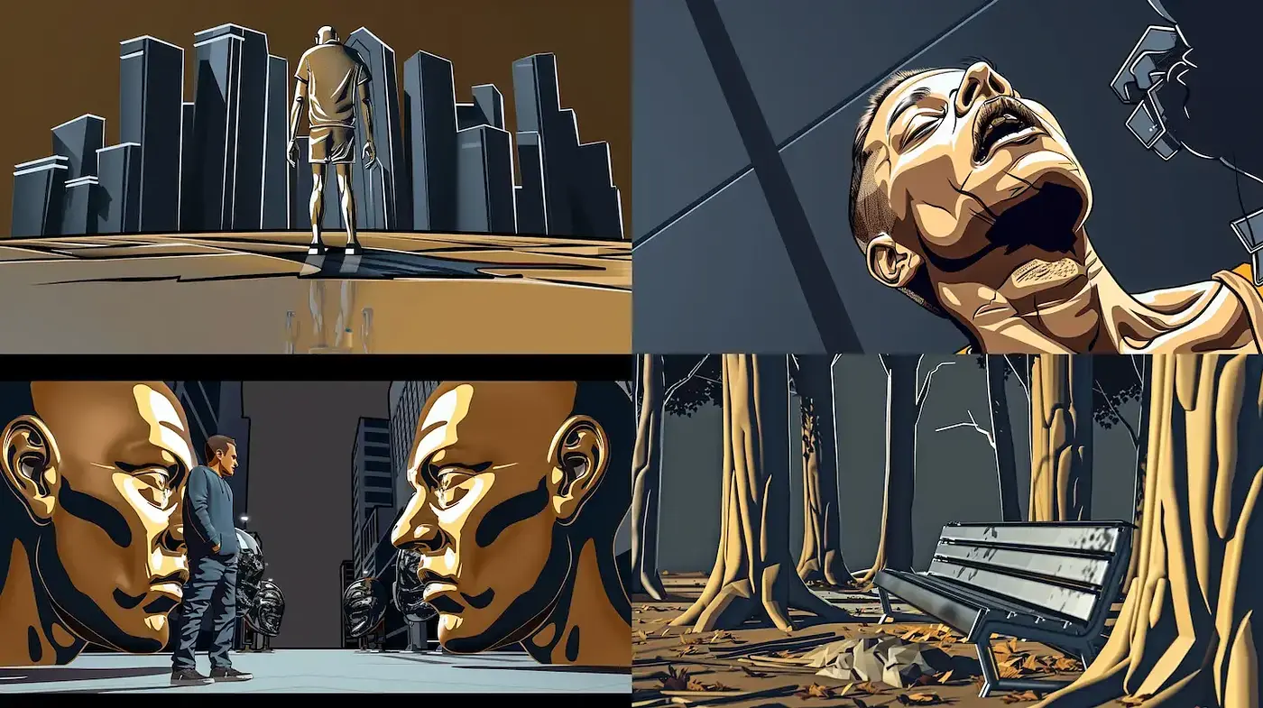 Stylized Cinematic Dystopia with Graphic Novel Influences - Midjourney sref style
