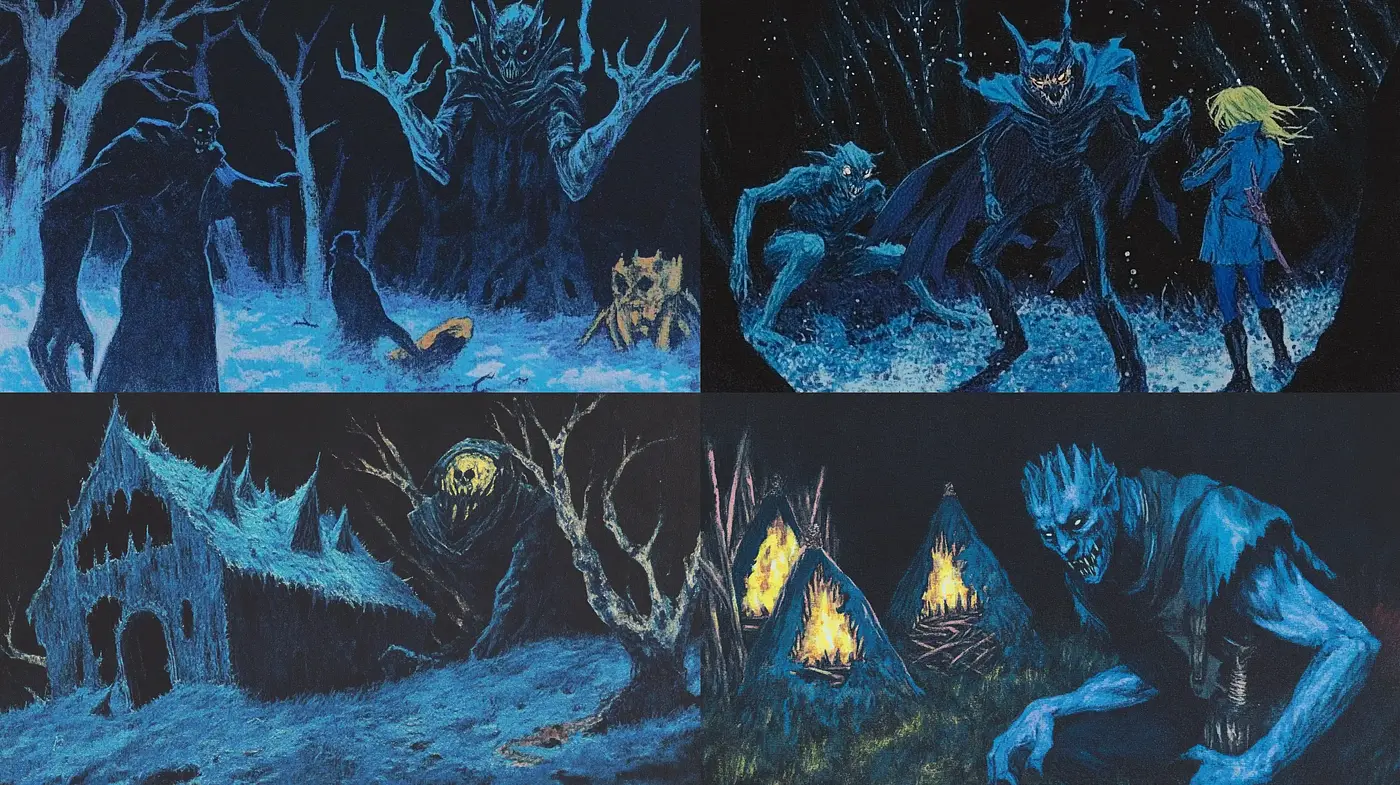 Eerie Nocturnal Symphony: A Blend of Darkness and Mystic Blue Tones - Midjourney sref style