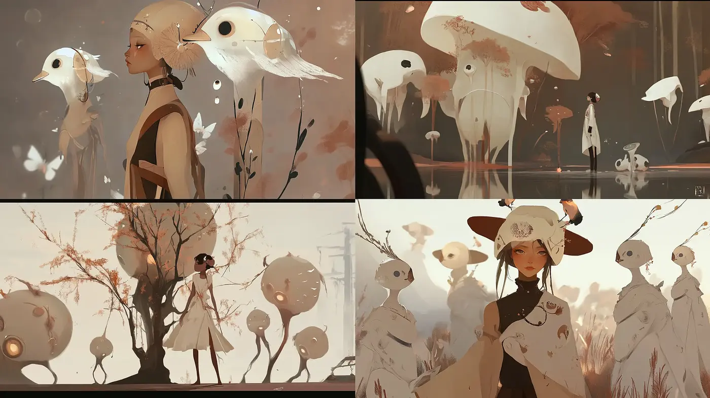 Whimsical Mushroom Companions in Warm Sepia Tones - Midjourney sref style