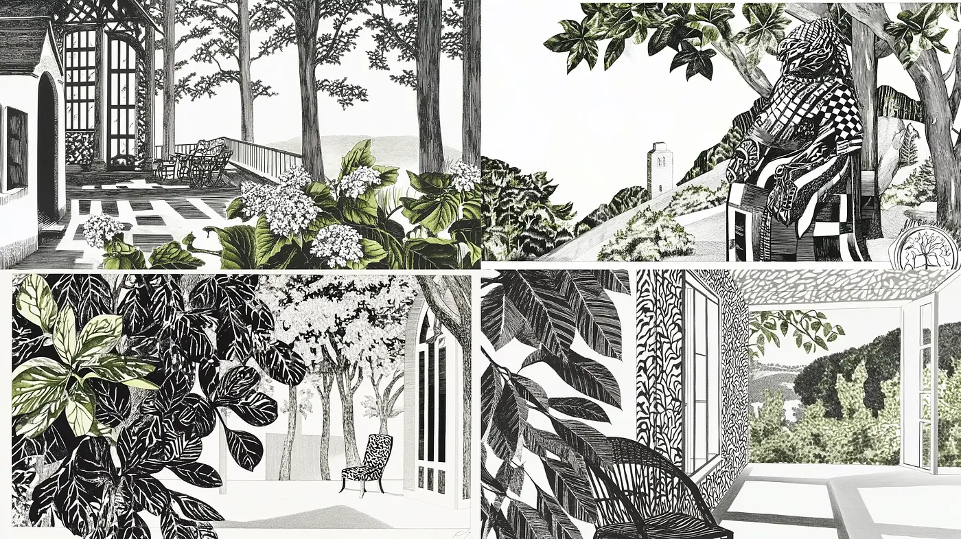 Monochromatic Botanical Serenity in Linocut Impressions - Midjourney sref style